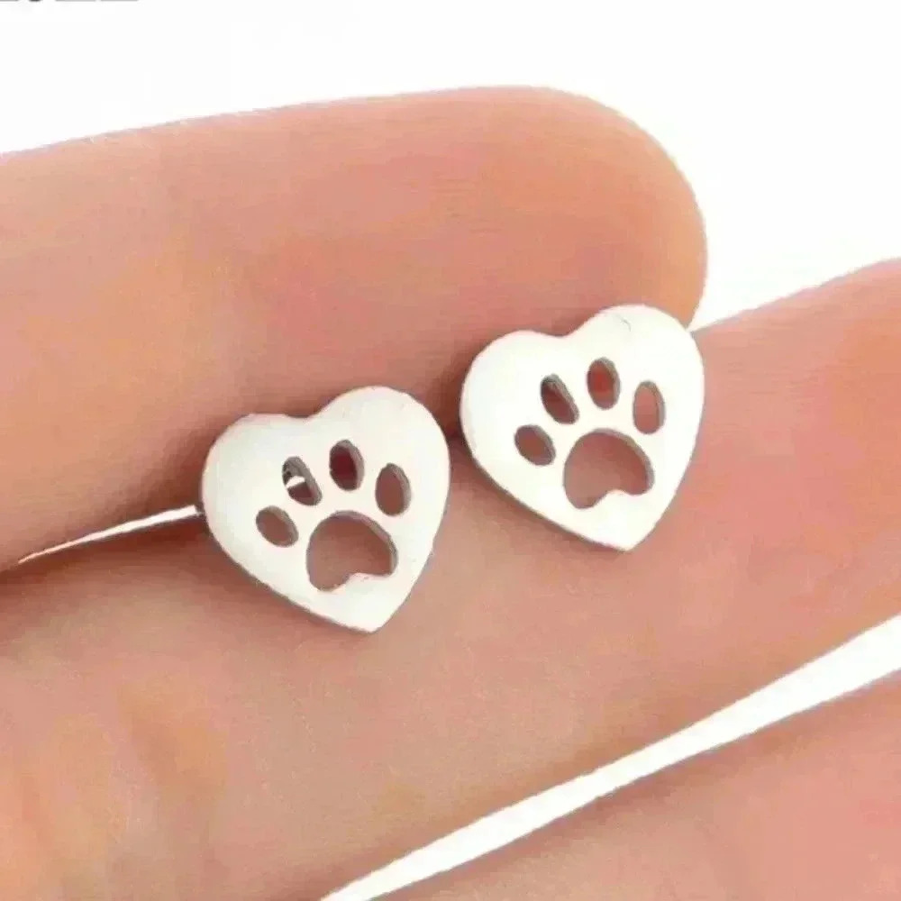 Animal pet paws print heart Stainless steel Earring